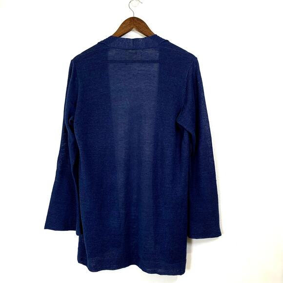 Eileen Fisher Open Cardigan 100% Organic Linen sz Medium Dark Indigo Bell Sleeve - Picture 2 of 12
